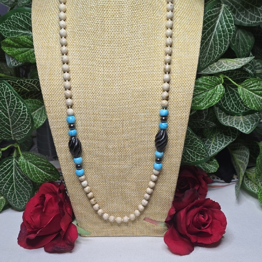 Southwestern Bohemian Style Long Stone Beaded Necklace with Blue & Black Accents
